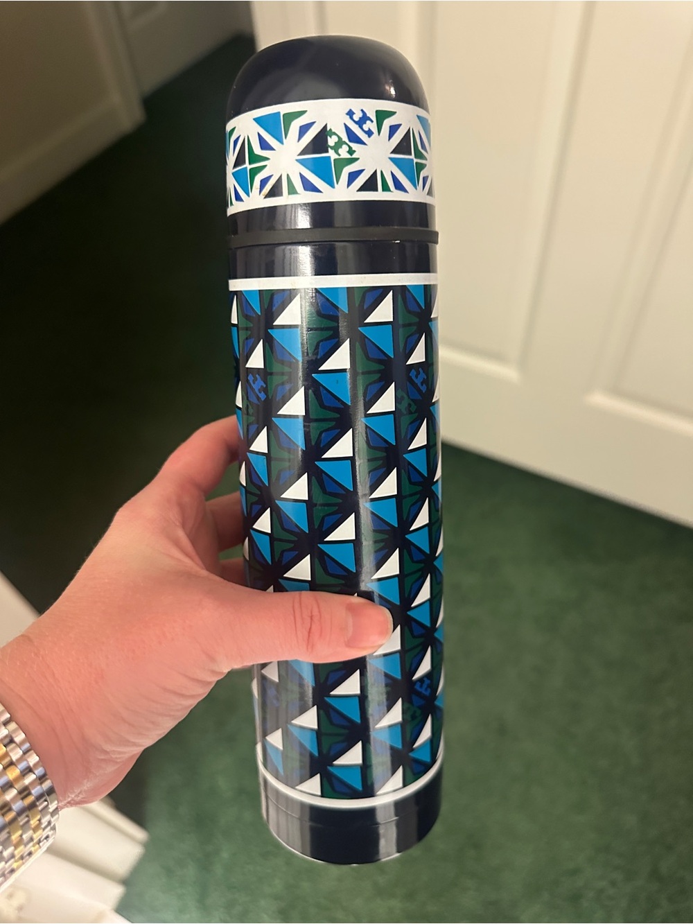 Tory Burch Blue Geometric Pattern Stainless Bottle